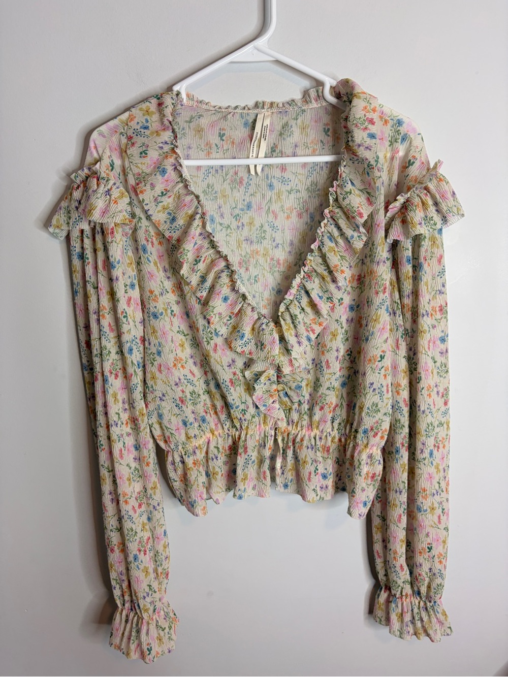 Anthropologie Floral Ruffle V-Neck Peasant Blouse - Cream Mesh Medium